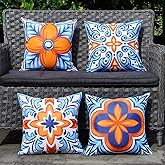 ONWAY Outdoor Pillow Covers Waterproof Set of 4 Floral Boho Decorative Throw Cushion Cover Farmhouse Pillows for Bench, Couch, Sunbrella and Patio Furniture (BlueOrange, 18x18 Inch)
