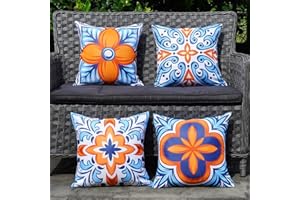 ONWAY Outdoor Pillow Covers Waterproof Set of 4 Floral Boho Decorative Throw Cushion Cover Farmhouse Pillows for Bench, Couch, Sunbrella and Patio Furniture (BlueOrange, 18x18 Inch)