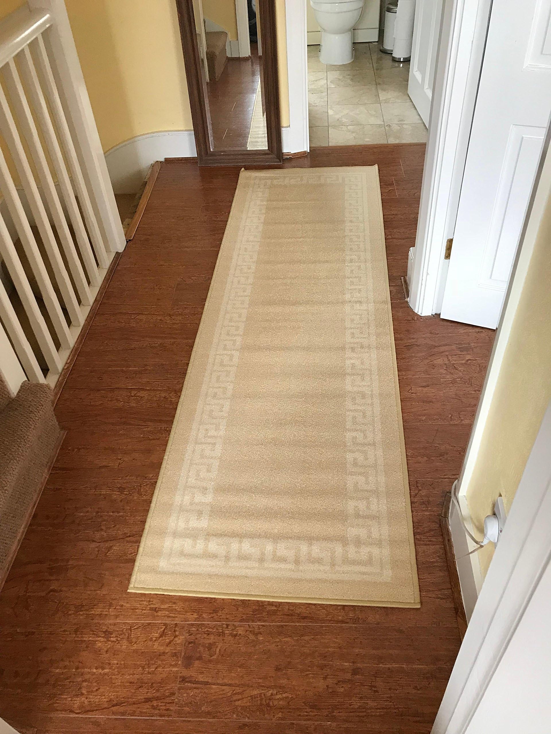 Machine Washable Greek Key, Triangular, Diamond Designs Hall Runner- Stair Runner - Hallway-Passage Corridor Kitchen Anti Slip Rugs Mats (Dark Beige-Light Beige, 80x150cm (2'6" x5'0))