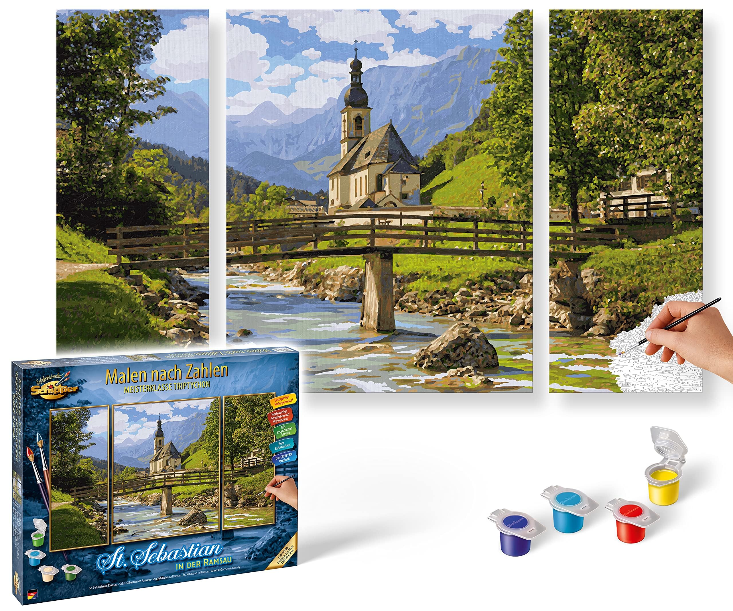Schipper 609260839 Paint by Numbers St Sebastian in the Ramsau Painting Pictures for Adults with Brush and Acrylic Paints Triptych 50 x 80 cm