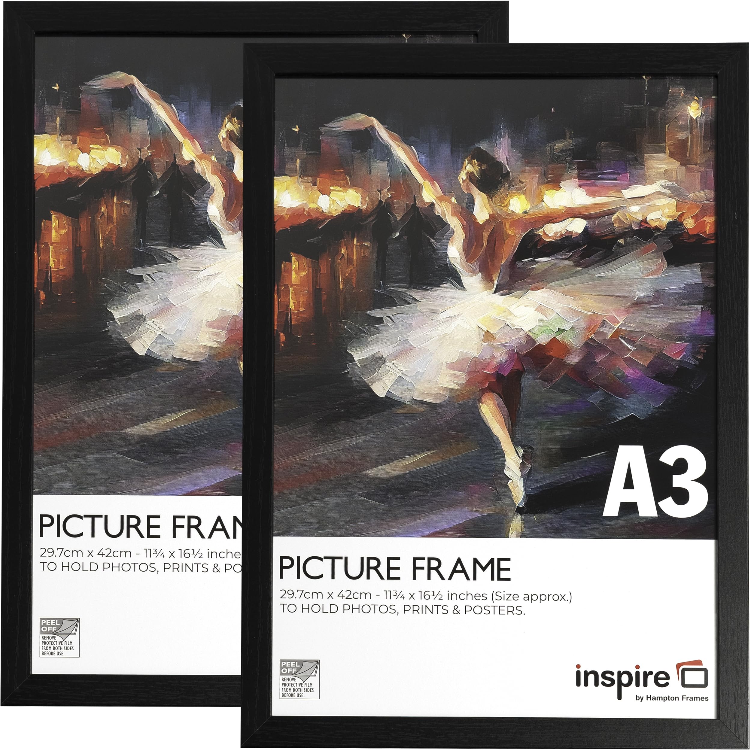 inspire by Hampton Frames | Poster Frame CAMBRIDGE A3 (29.7x42cm), Black, Engineered Wood, Pack of 2 | Acrylic Front, Wall Mount, Landscape or Portrait | Modern Home Décor Display
