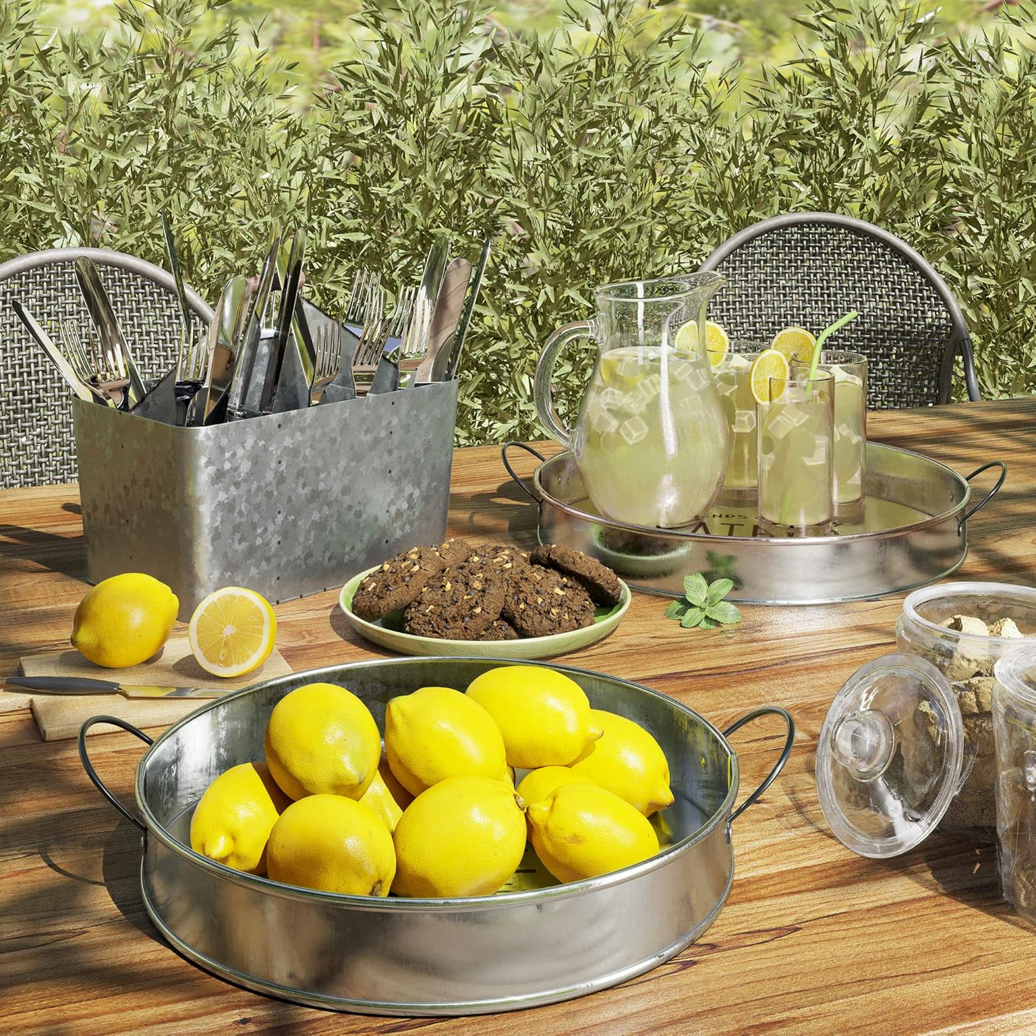 Barnyard Designs Decorative Farmhouse Round Metal Tray with Handle, Serving Tray for Coffee Table, Rustic Ottoman Decor, Silver, Small, 12”: Kitchen & Dining