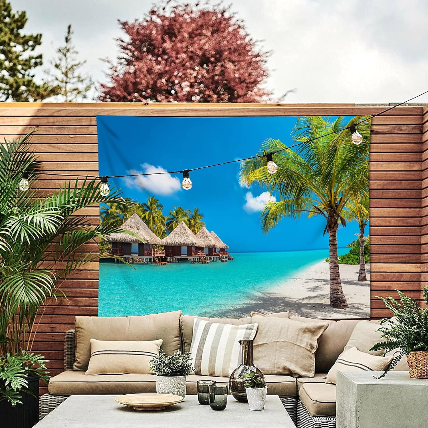 LB Beach Hut Shower Curtain Turquoise Sea Bathroom Curtains Green Palm Tree Tropical Island Polyester Anti Mould Waterproof Bath Curtain with Hooks,71x71 inch - Image 3