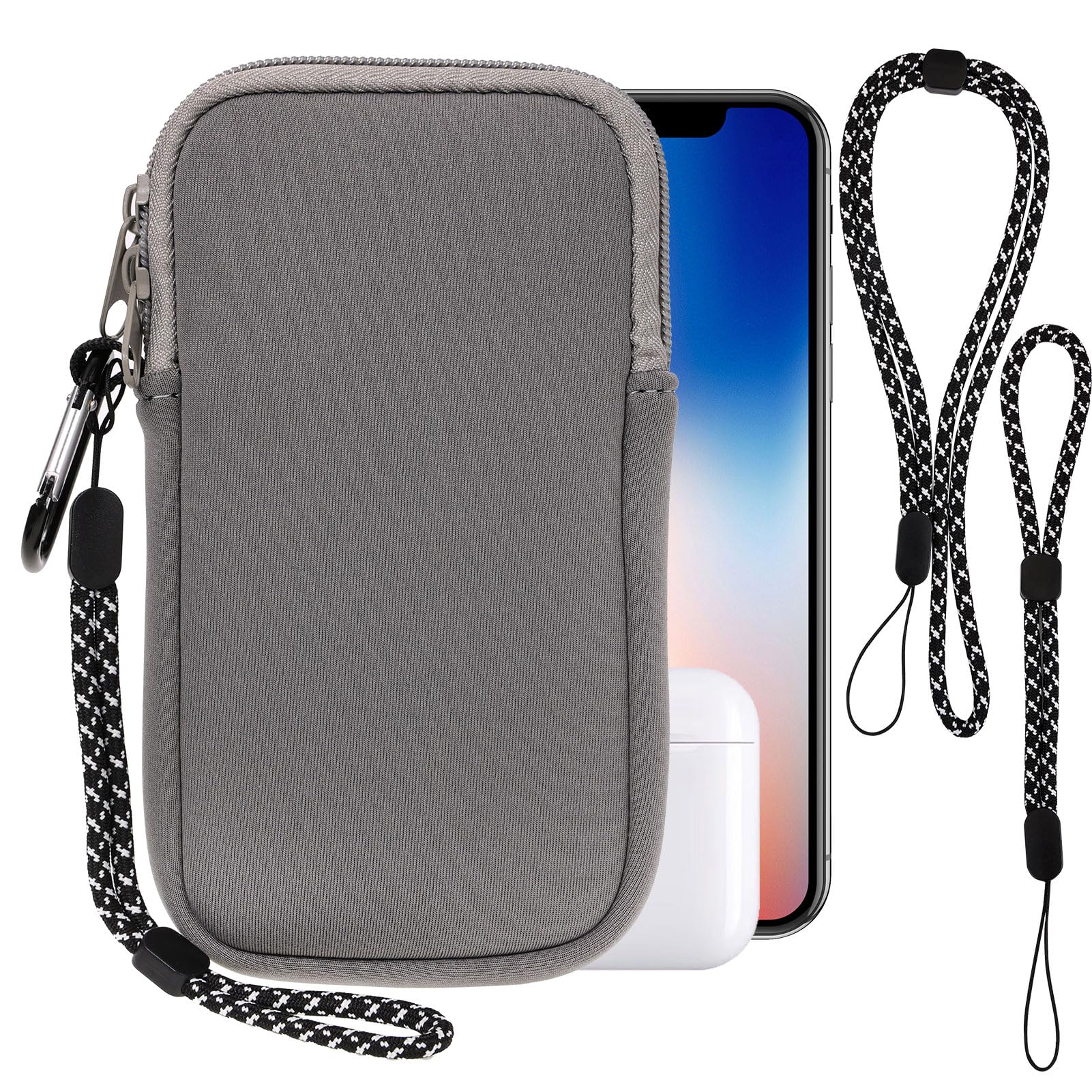 Pwsap Phone Sock, Universal Shock & Impact Resistant Neoprene Pouch with Carabiner and Lanyard Strap Sleeve Case for Hiking & Travelling Phone Bag Fits Phones up to 7 Inches, Light gray, M