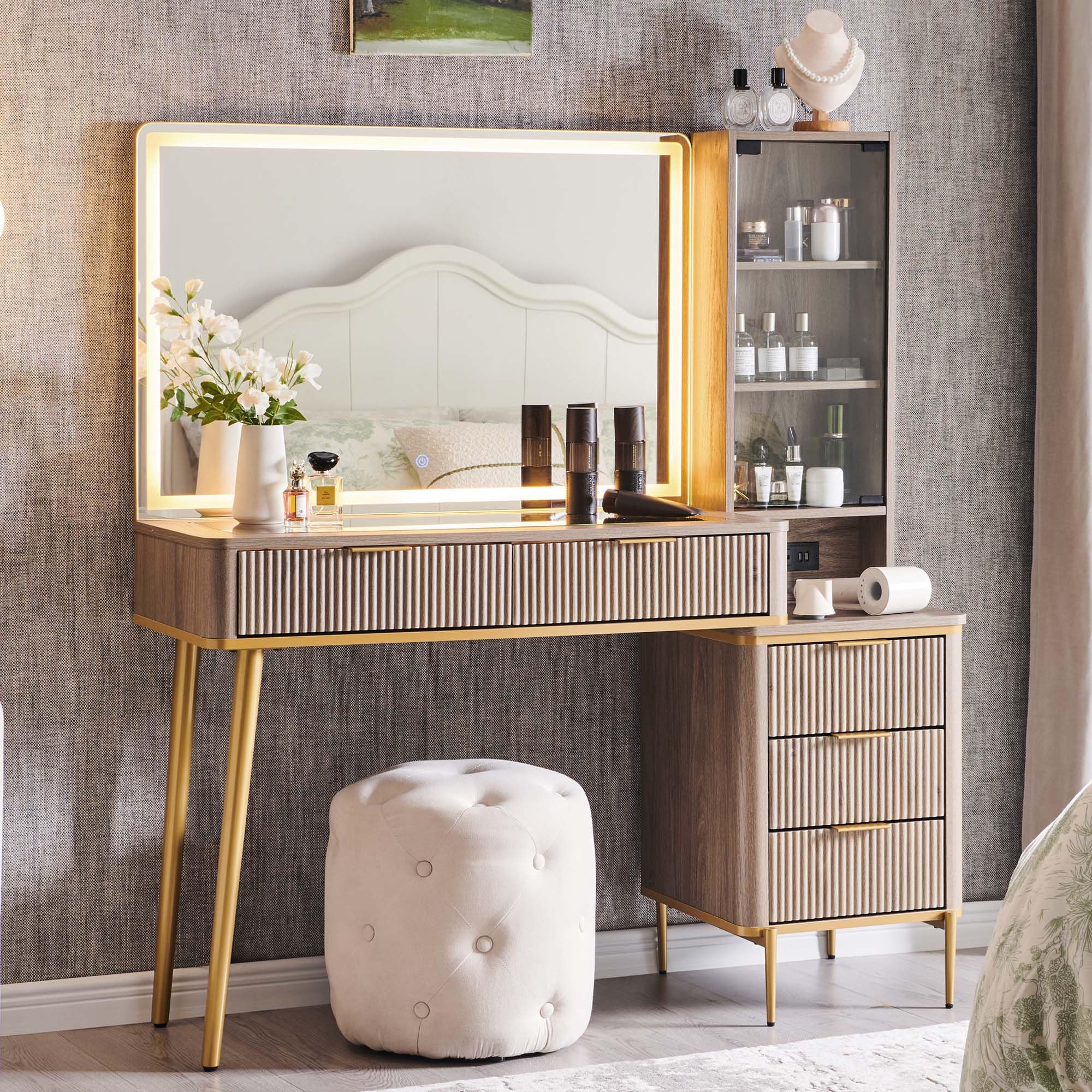 View 1 of T4TREAM Fluted Makeup Vanity Desk with 36" HD Lighted Mirror, 48" Big Modern Vanity Desk with Mirror and Lights, Dressing Table with 5 Drawers & Shelves, Glass Top for Bedroom (Alder Grey)
