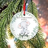 Baby First Christmas Ornament 2025 - Personalized Christmas Ornaments for Babies Boy or Girl with Baby Elephant Theme, Name & Date - Aluminum or Ceramic Ornament