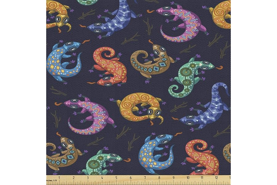 Lunarable Reptile Fabric by The Yard, Colorful Bohemian Gecko Pattern Lizard Composition Animal Fun Cartoon Ornate, Decorative Fabric for Upholstery and Home Accents, 3 Yards, Dark Indigo