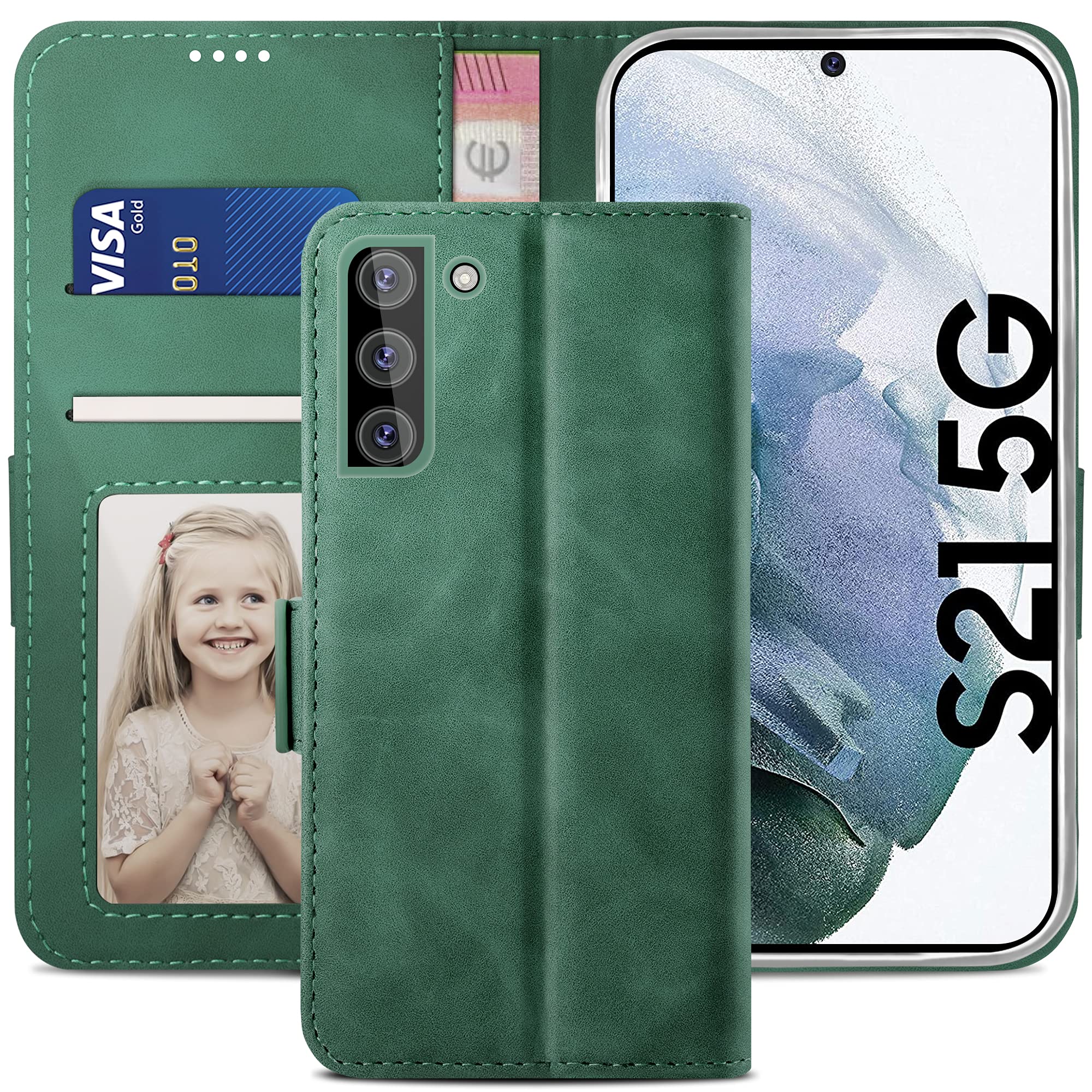 YATWIN Compatible with Samsung Galaxy S21 Case, Flip Wallet Leather Case with Card Slot and Shockproof Function Kickstand Phone Cases Cover for Samsung S21 - Pine Green