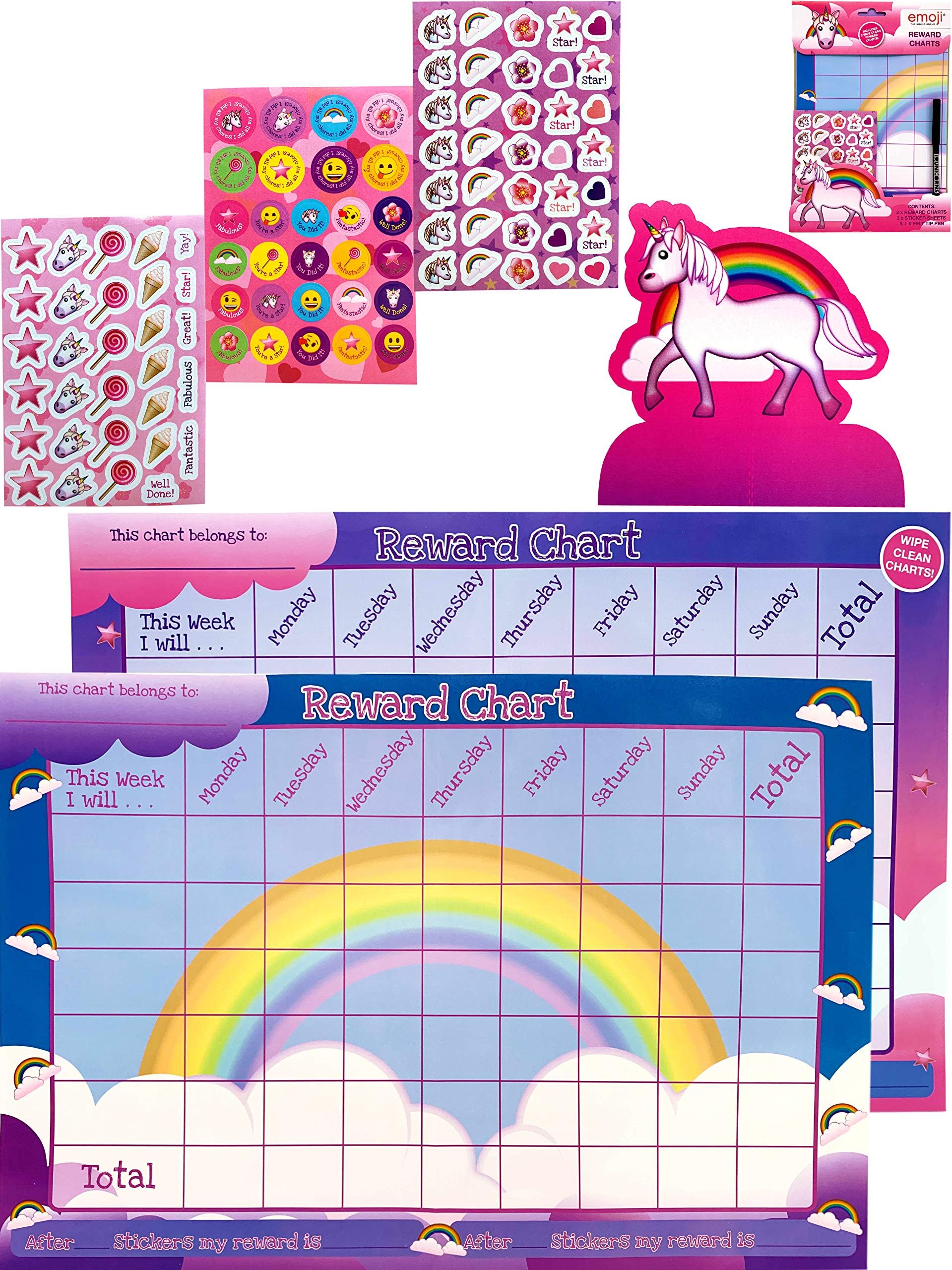 Dedimi Unicorn Emoji Reward Chart with Stickers - 2 Reward Charts 93 Reward Stickers 1 Pen 1 Unicorn rainbow Cut Out - Behaviour Charts for Children & Toddlers - Potty Training