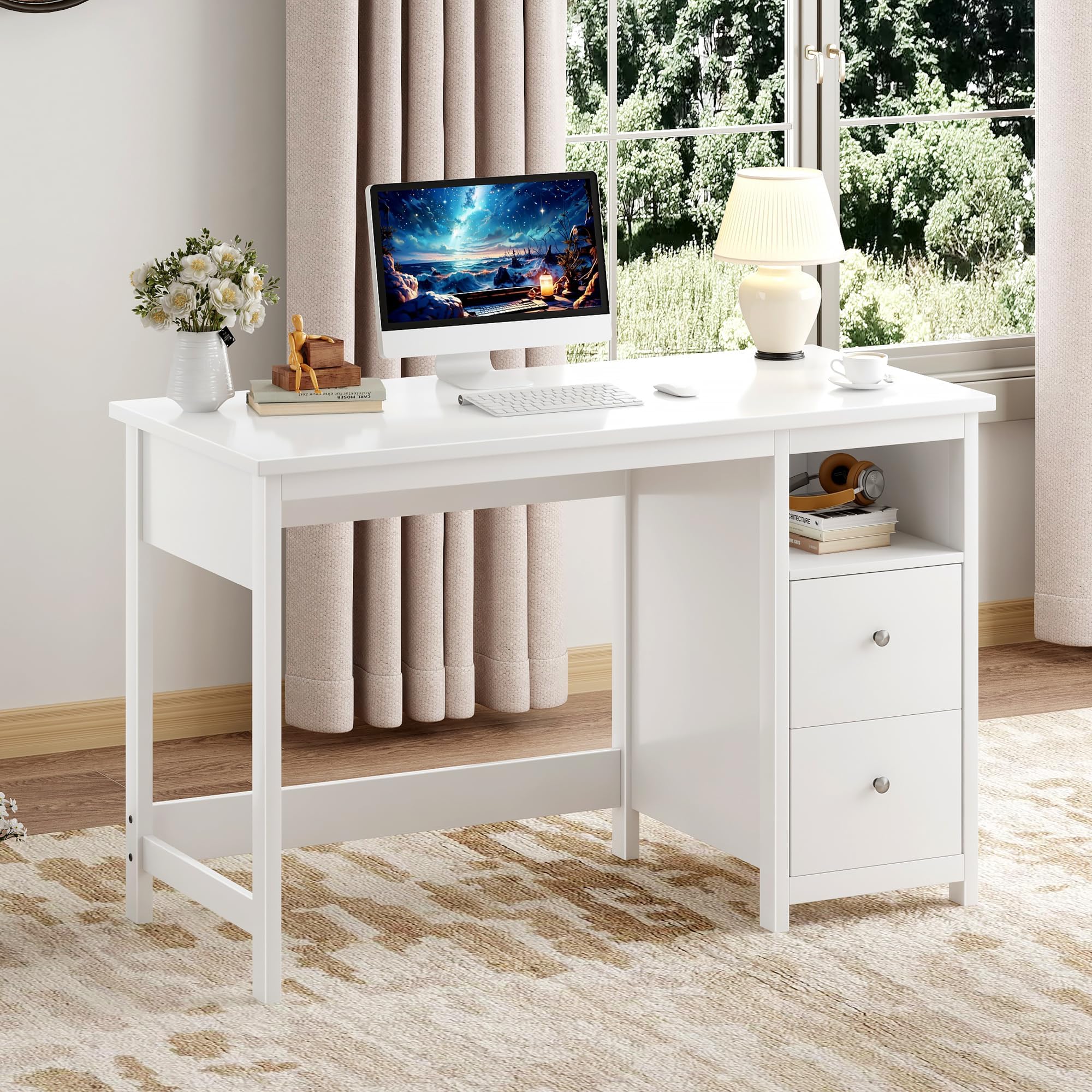 Photo 1 of BHG White Desk with Drawers,Modern Small Computer Desk for Home Office, Makeup Vanity Desk Dressing Table for Bedroom,Filing Cabinet Writing Table PC Desks for Study (White, 39.3")
**No screws**