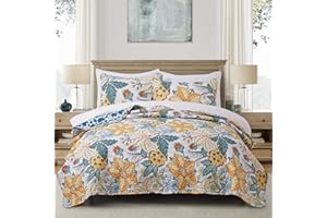 Bonlino Quilt King Size Bedding Set - Floral Quilt Bedspread 3 Pieces for King Bed Tropical Rustic Bedding Set in Flower Style Print Vintage Quilt Sets as Coverlet Cabin Bed Spread and Country Quilts