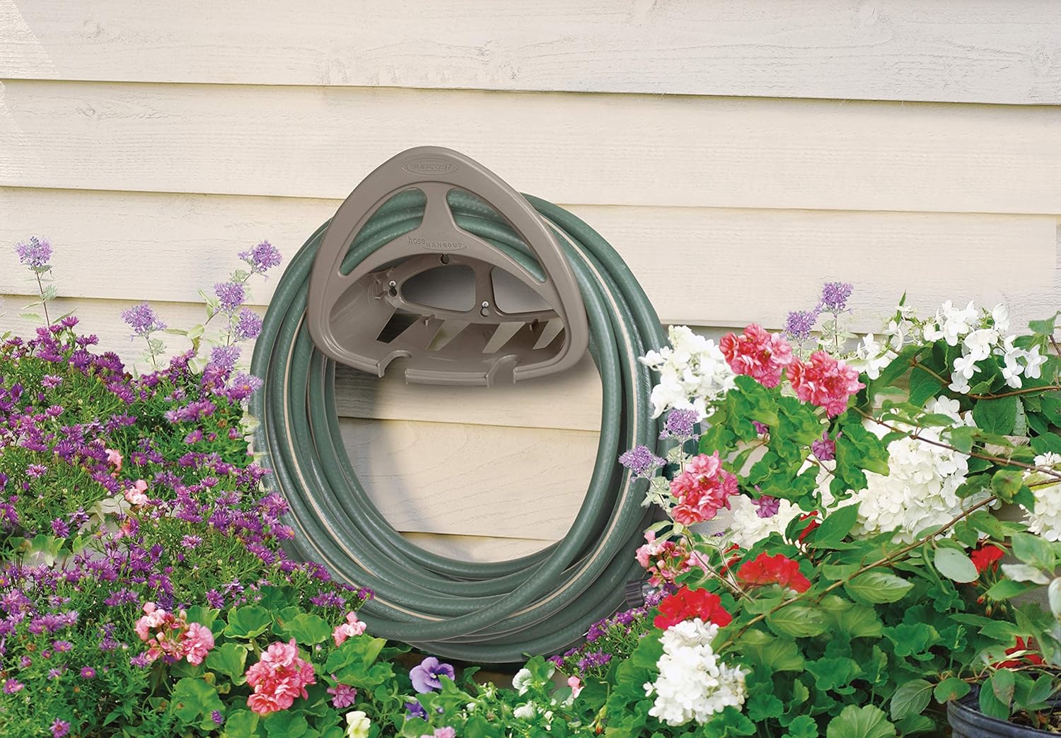 Suncast Deluxe Garden Hose Hangout with Storage Compartment - Wall Mount Garden Hose Reel that Holds 150' of Garden Hose - Storage Compartment for Nozzles, Garden Gloves and Hose Accessories - Taupe : Sun Cast Garden Hose Hangout Taupe : Garden & Outdoor