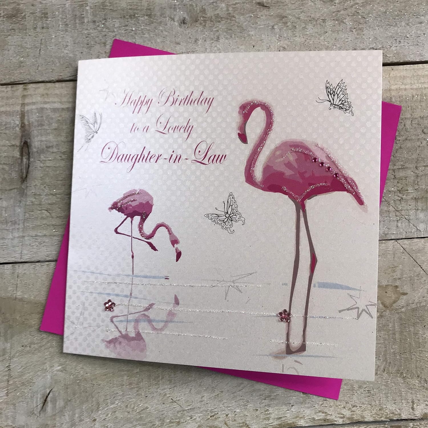 White Cotton Cards Pink Flamingos Happy Birthday To A Lovely Daughter-in-Law Handmade Birthday Card, BD90 NEW,16cm x 16cm