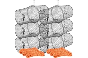 A1FISHER Crawfish Trap with 14.5M Orange Rope, Heavy Duty Steel Mesh with Spring Clip Fishing Trap for Crawdads Crayfish, Black, 6 Packs