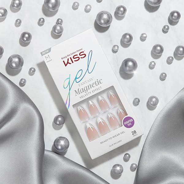 KISS GEL FANTASY, PRESS-ON NAILS, NAIL GLUE INCLUDED, ‘NORTH COAST’, LIGHT SILVER, MEDIUM SIZE, ALMOND SHAPE, INCLUDES 28 NAILS, 2G GLUE, 1 MANICURE STICK, 1 MINI FILE