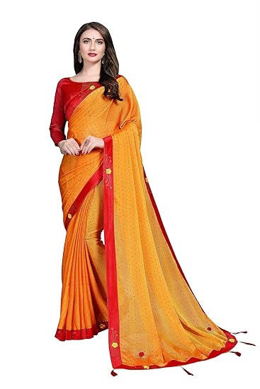 COTTON SHOPY Womens Jacquard Chiffon Saree With Unstitched Blouse Piece