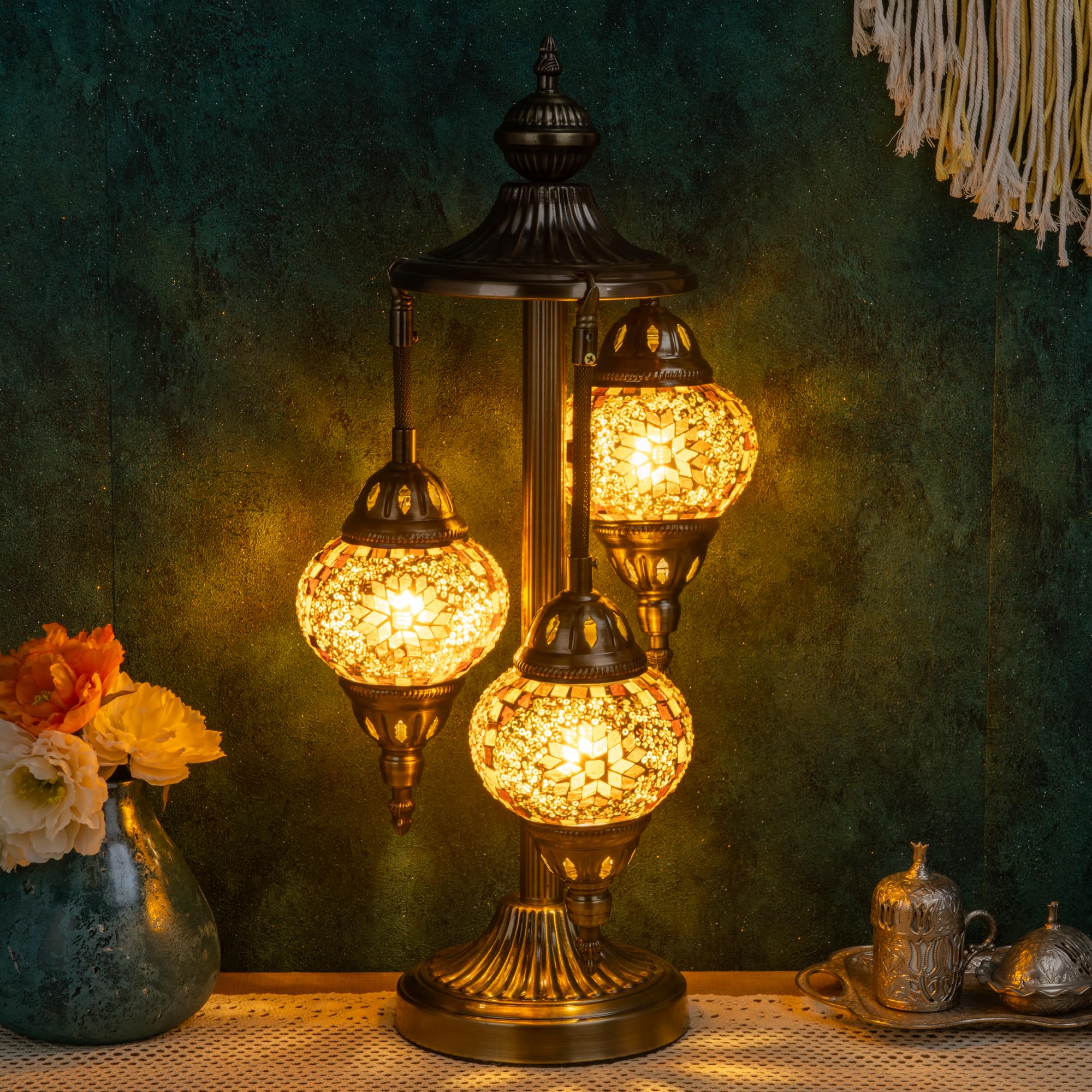 Photo 1 of Marrakech Turkish Lamp 3 Globes Moroccan Table Lamp with Bronze Base, 23" Tall Handmade Yellow Tiffany Mosaic Glass Night Light Fixture Including LED Bulb for Living Room Bedroom Decor