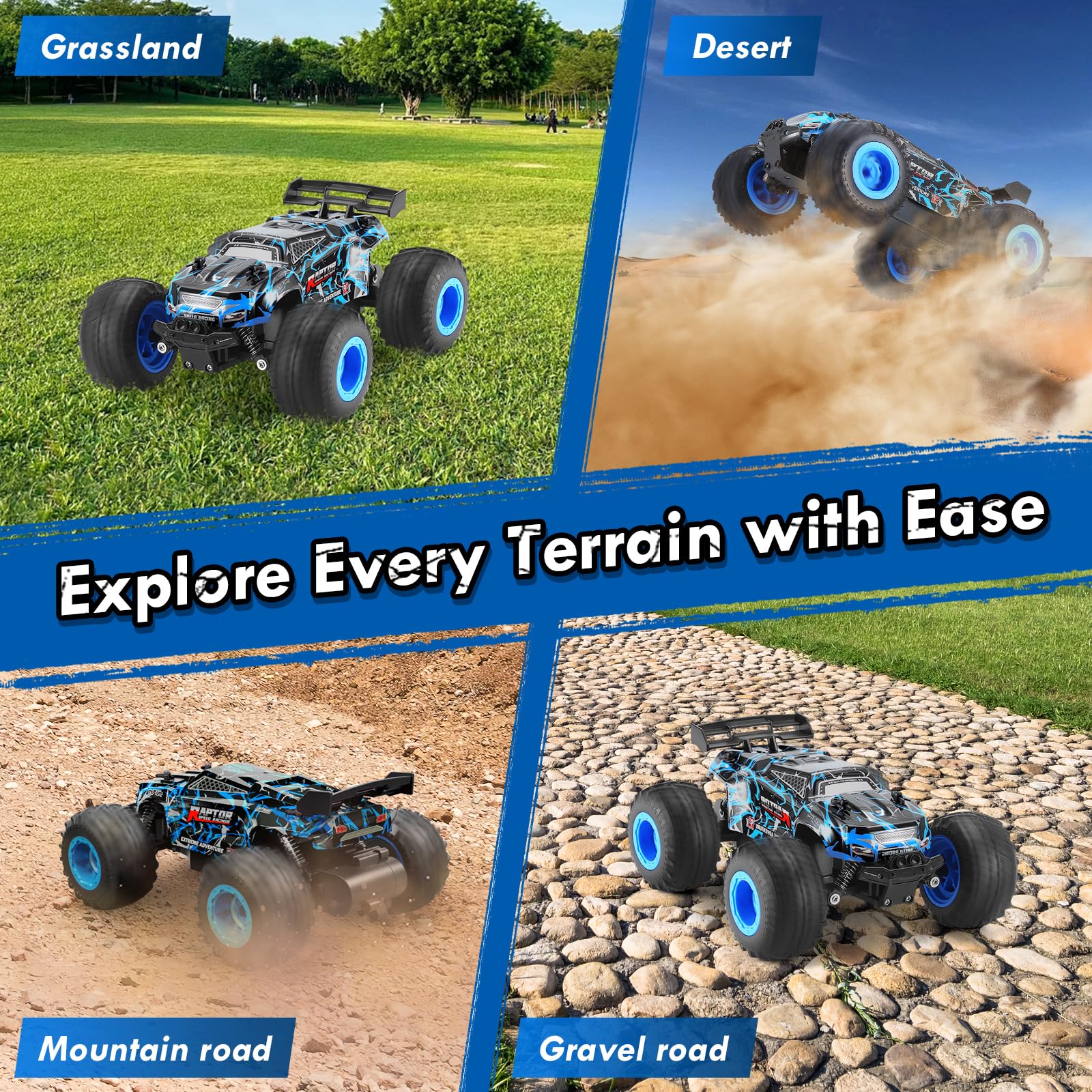 Remote Control Car, 1:18 Scale Rc Cars, All-Terrain RC Truck with LED Light, 20KM/H, Rechargeable, 2WD, 2.4GHz, Sturdy PVC Shell, Remote Control Truck for Boys 4-7 8-12, Beginner