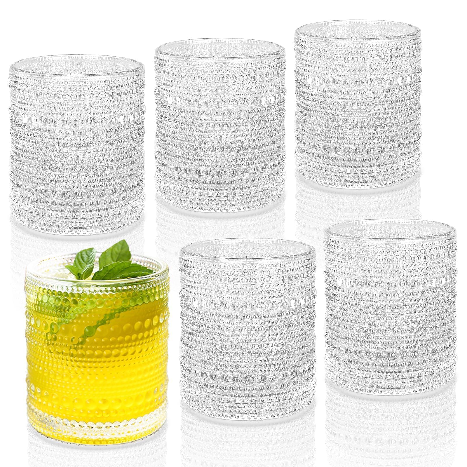 Photo 1 of Cocktail Glasses 10 oz Hobnail Drinking Glasses Set of 6, Vintage Glassware, Textured Glass Cups Bubble Glasses Water Glasses Old Fashion Jupiter Glasses Set, clear
