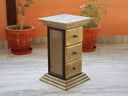 Shivay Arts Wooden & Brass Ethnic Sturdy Pillar Chest with 3 Drawers