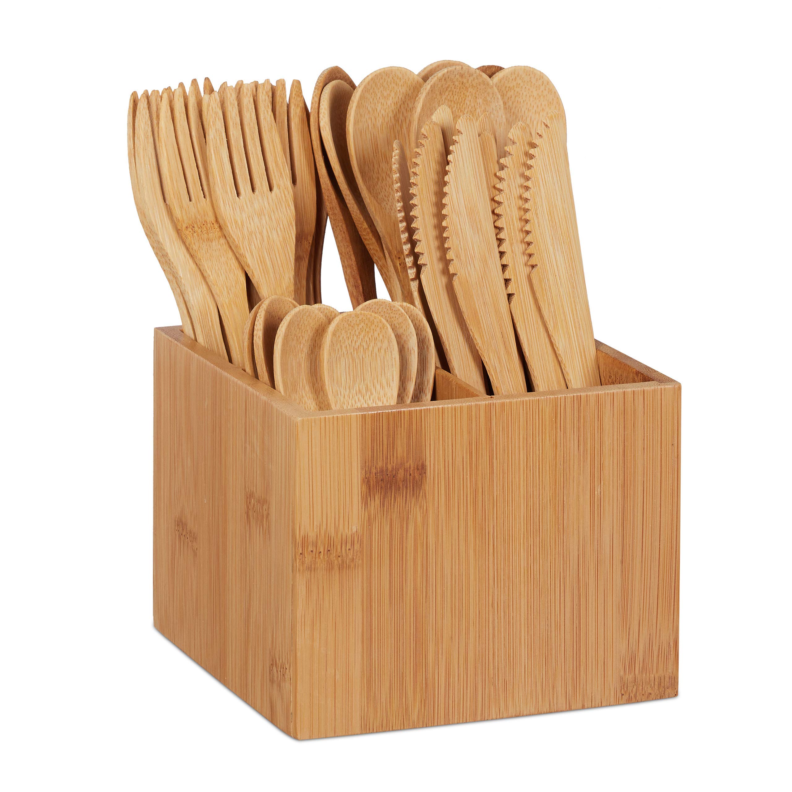 Relaxdays 10024596, Natural Bamboo Set, Each 10 x Knives, Forks, Spoons &Teaspoons, Cutlery Holder, Reusable, 41 Pieces