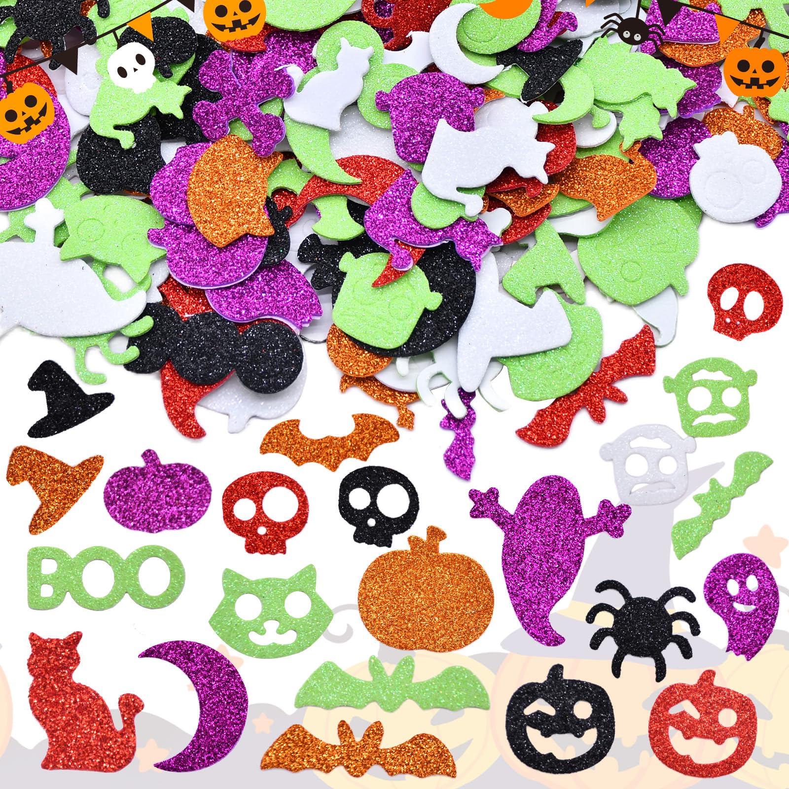Photo 1 of 500 Pieces Halloween Glitter Foam Stickers - Assorted Ghost, Pumpkin, Bat, Boo, Witch Hat, Spider, and Halloween Shape Foam Stickers Self-Adhesive for Kids Crafts DIY Party Favor Supplies Decorations