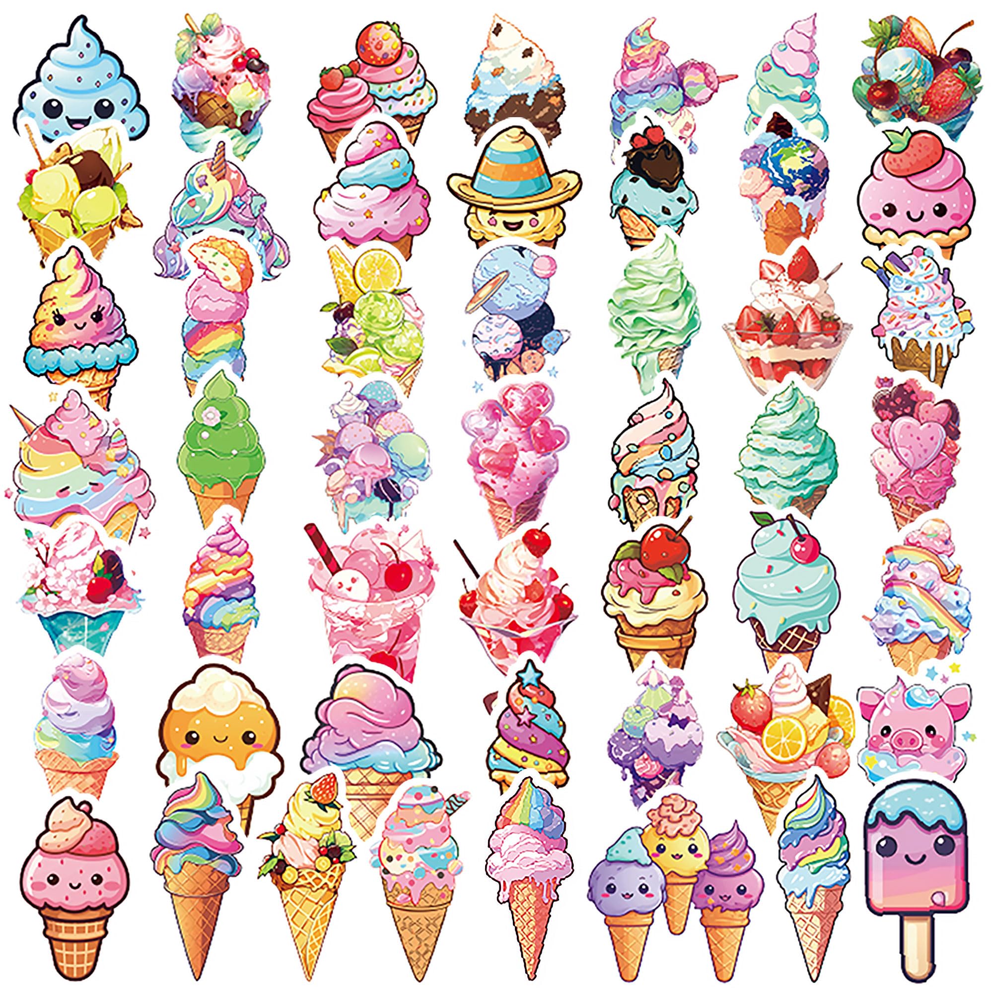 Dorgua 50Pcs Ice Cream Stickers, Non-Repetitive Funny Design Ice Cream Stickers, Cute Dessert Sticker Vinyl Waterproof Sticker for Adults Water Bottle Laptop Decor Party Favors Birthday Gifts
