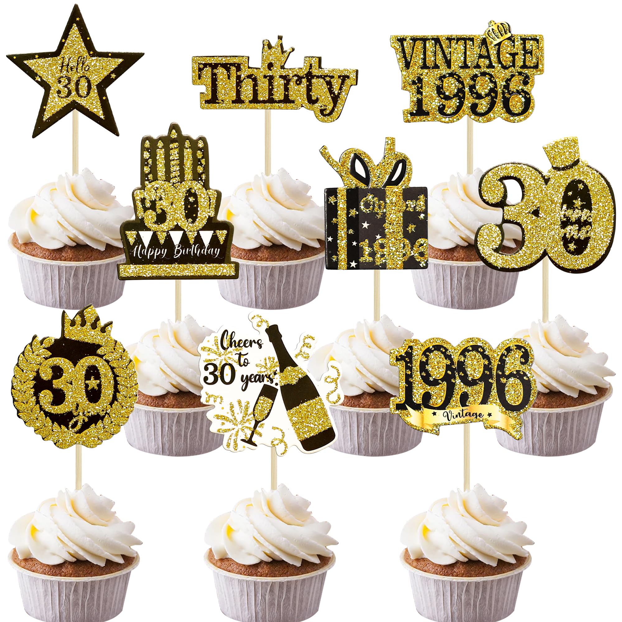 Gyufise 36Pcs Happy 30th Birthday Cupcake Toppers Glitter Black Gold Thirty Hello 30 Vintage 1996 Cupcake Picks Cheers to 30 Years 30 Fabulous Cake Decorations for 30th Birthday Party Supplies โ image 1