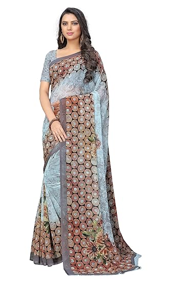 Womens Pure Chiffon Printed Saree With Blouse