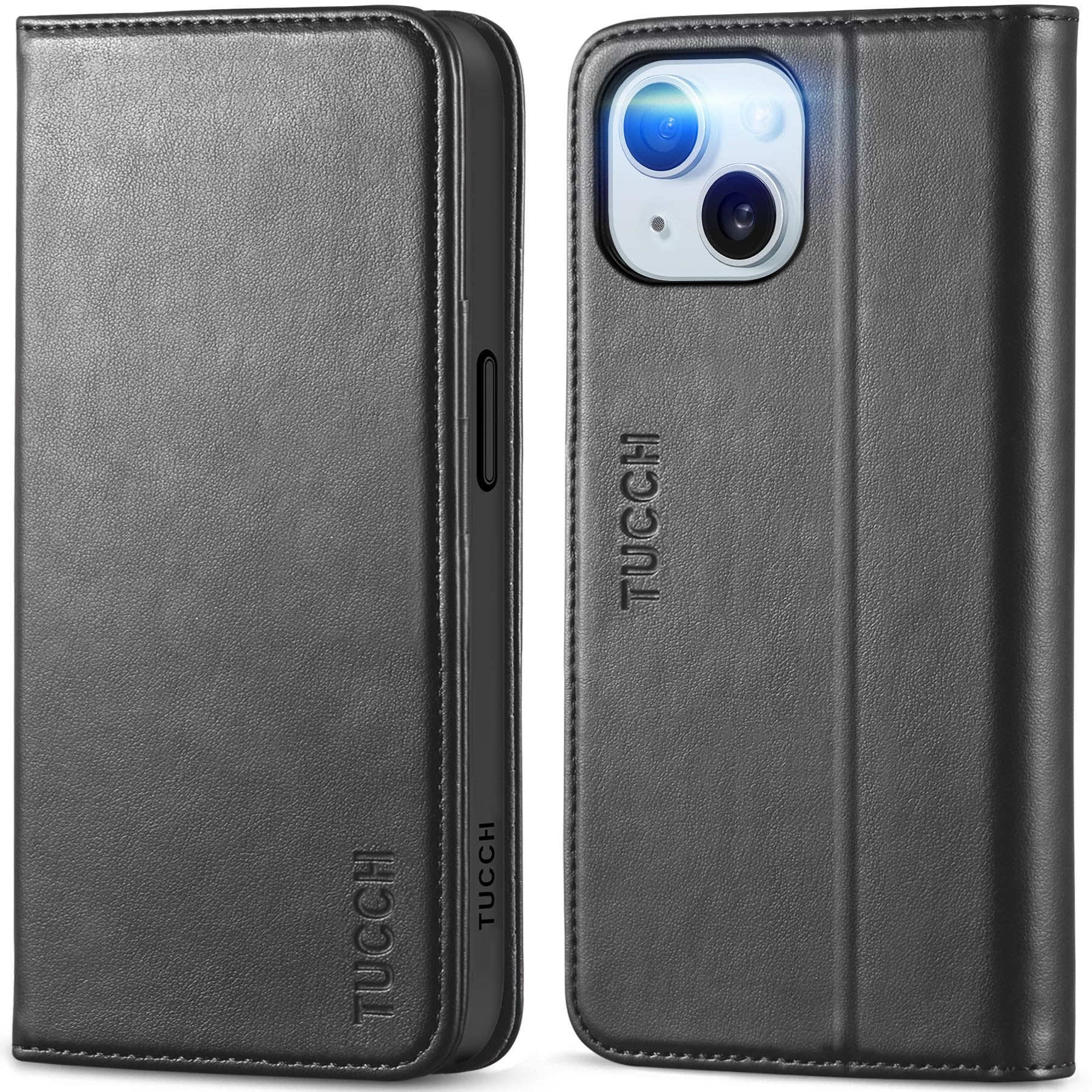 TUCCH Case for iPhone 15 (6.1") 2023 5G, PU Leather Foldable Case with[RFID Blocking][Card Holder][Shockproof TPU][Kickstand], Protective Wallet Folio Flip Stand Cover Compatible with iPhone 15, Black