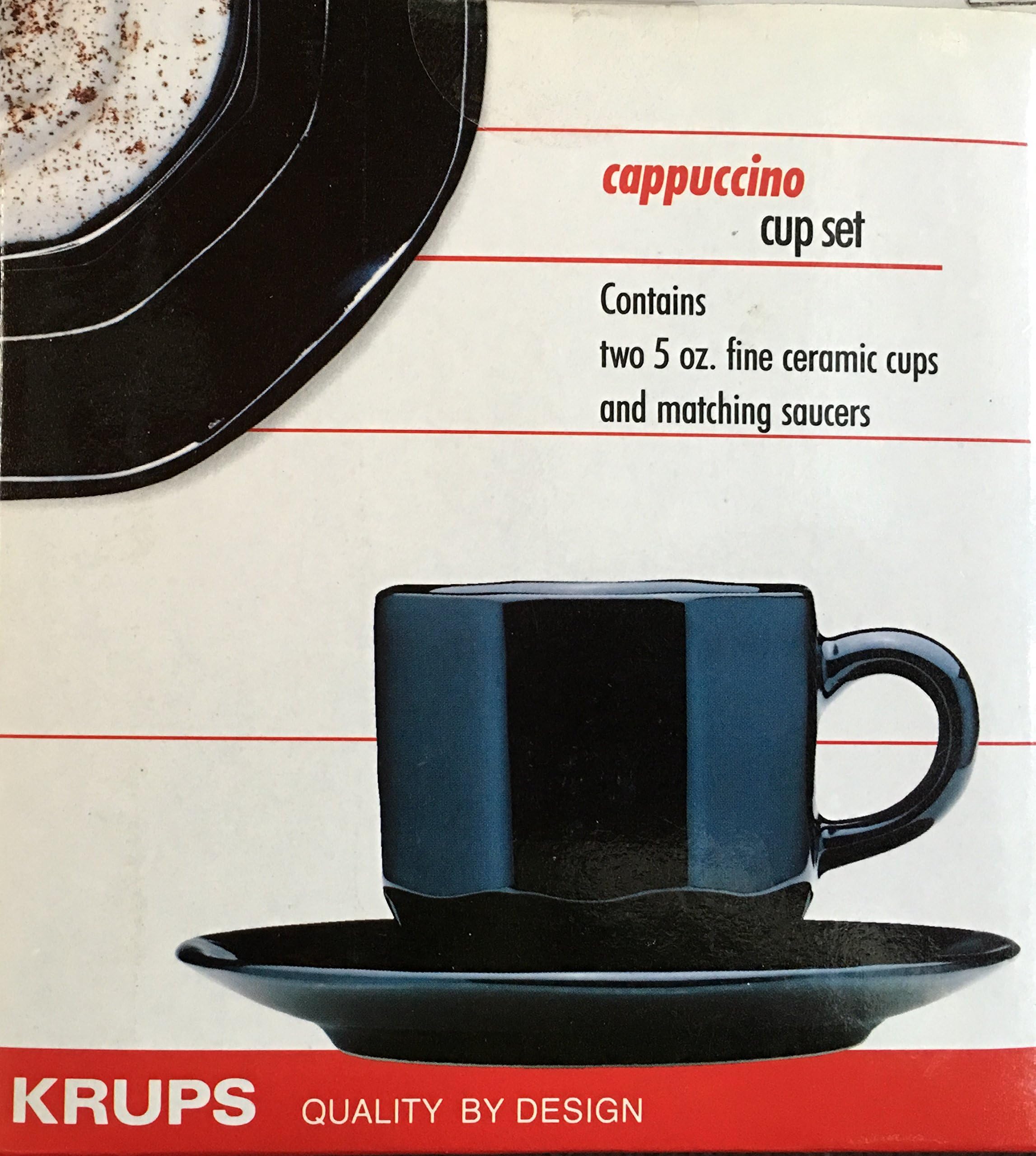 KRUPS 5 oz Cappuccino Fine Ceramic Cup Set with Saucers - BLACK - Beveled Edges