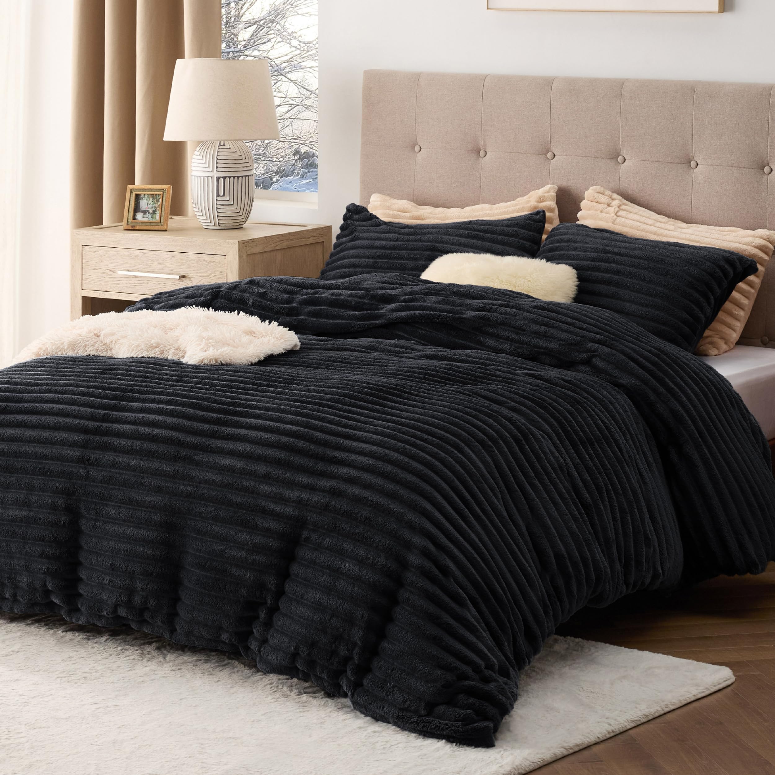 Bedsure Fluffy Duvet Cover Set - Ultra Soft Plush Shaggy Comforter Cover Queen Size, Warm Flannel Fleece Bed Sets for Winter, 3 Pieces (Striped Pattern, Black) Image