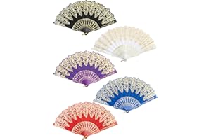 EOSAU Handheld Chinese Folding Fan Hand Fans for Women Foldable Bulk for Party Wedding Church Dancing (5 Mixed Colors)