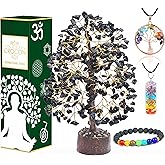 "Black Tourmaline Crystal Tree of Life with Bracelet & 2 Pendants Feng Shui Gem Tree Decor Healing Crystals Spiritual Black Gifts for Home Room & Desk Decor Gifts for Women, Girlfriend, Her & Sister"