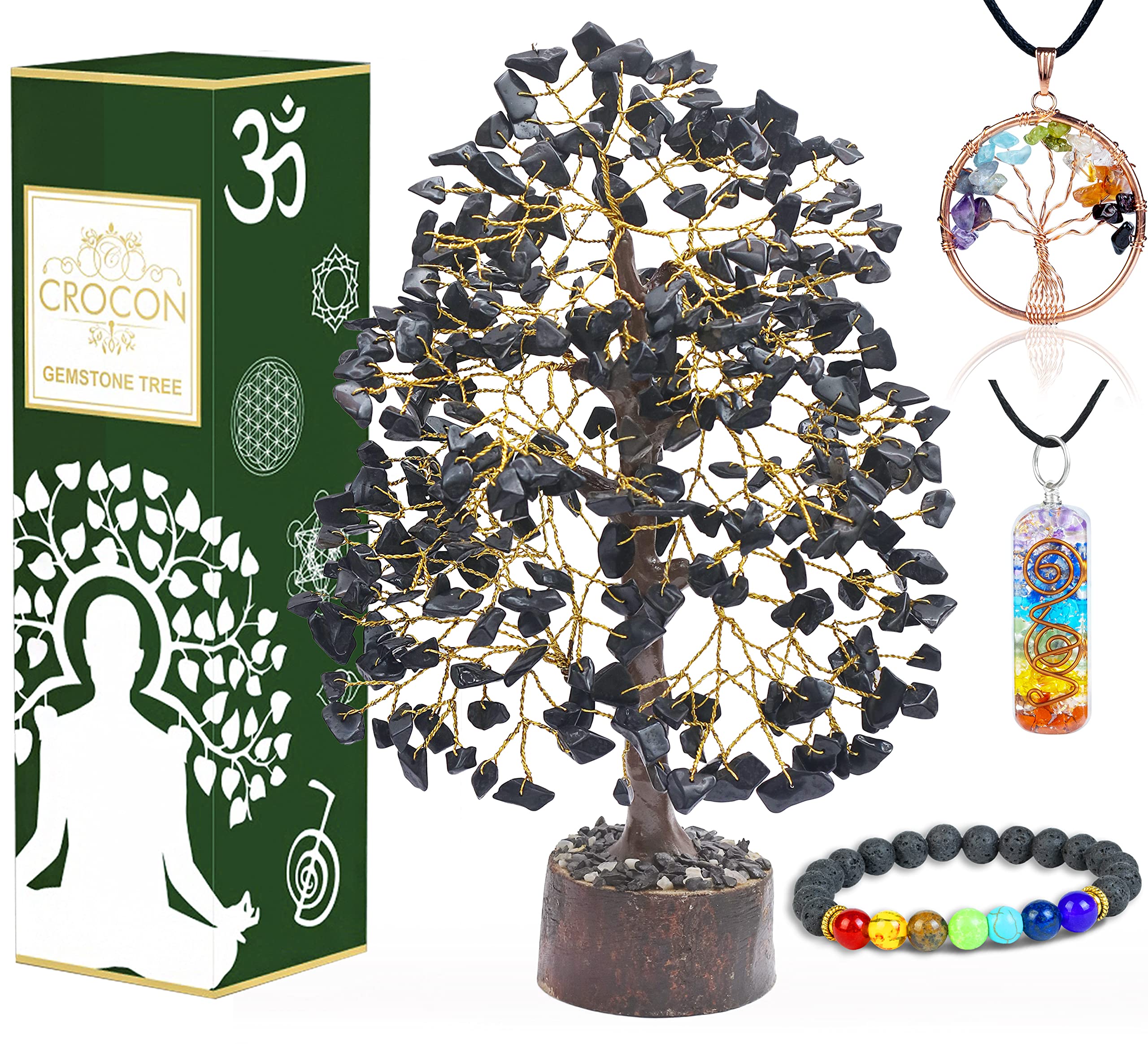 Black Tourmaline Crystal Tree of Life with Bracelet & 2 Pendants Feng Shui Gem Tree Decor Healing Crystals Spiritual Black Gifts for Home Room & Desk Decor Gifts for Women, Girlfriend, Her & Sister