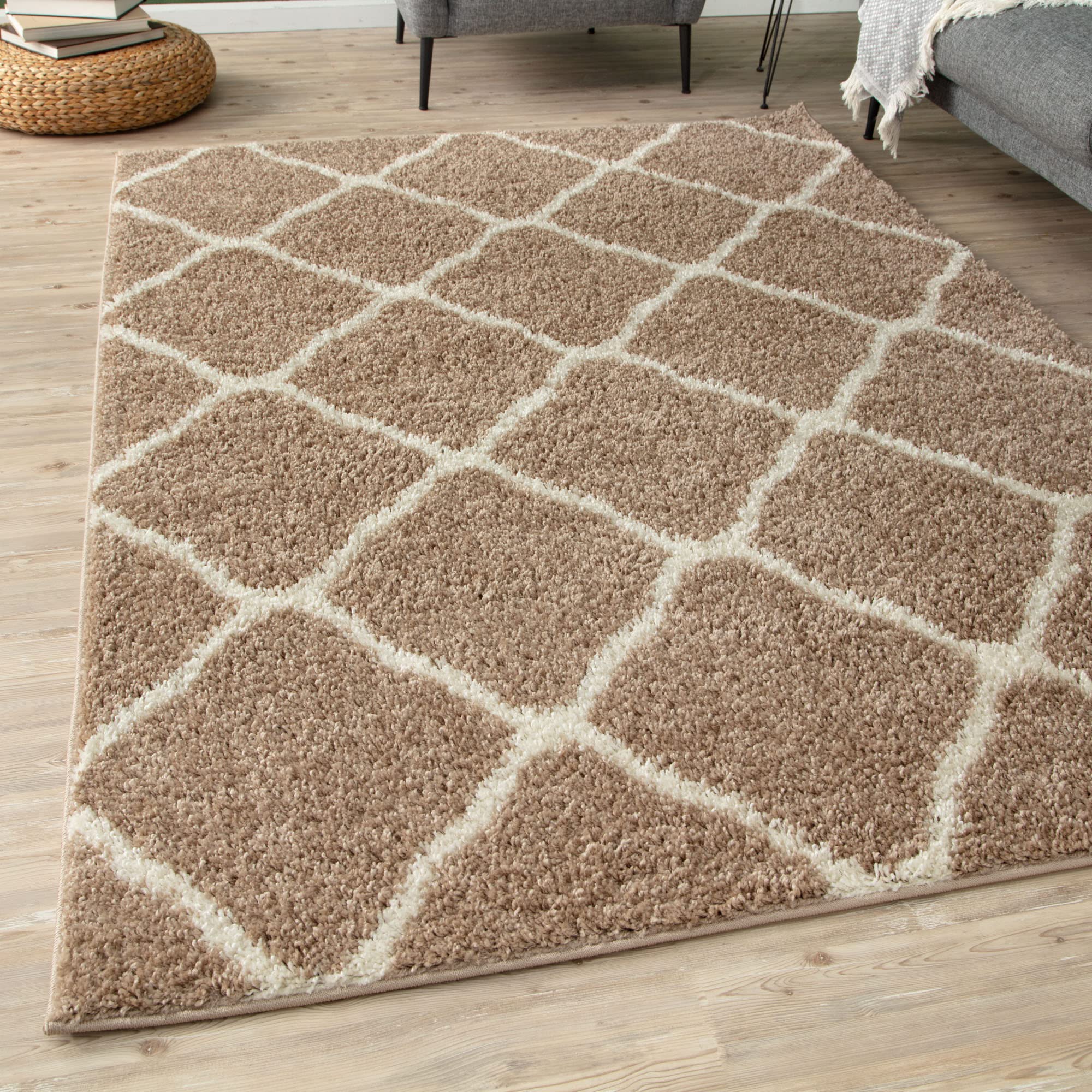 THE RUGS Shaggy Rug – Modern Moroccan Design Rugs for Living Room, Bedroom, Hallway, 3 cm Thick Area Rugs, (Moroccan Beige/Ivory, 60x110cm) — image 1