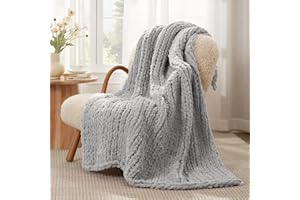 Amélie Home Chunky Knit Blanket Throw, Thick Soft Yarn Chunky Throw 50x60, Handmade Chenille Cable Knitted Crochet Throw Blanket, Warm Rope Knot Blanket for Couch Bed Sofa. Light Grey