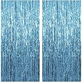 2 Pack Foil Curtain Backdrop Blue Metallic Tinsel Foil Fringe Curtains Photo Booth Props for Birthday Wedding Engagement Baby