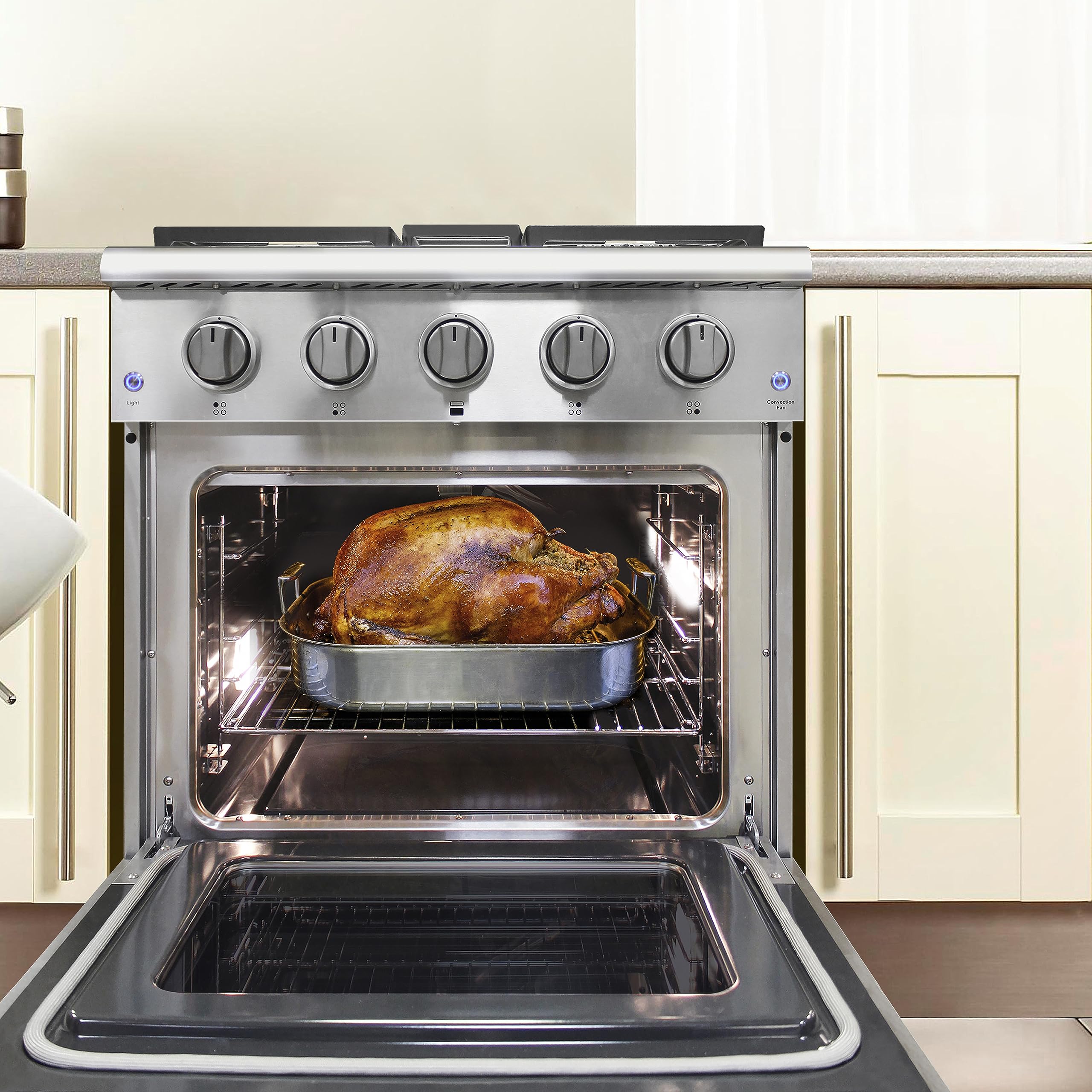 DUURA Elite DE300GRTSS Gas Range with 4 Burner Cooktop Freestanding 30-Inch with Porcelain Convection Oven and Broil Function, Continuous Grates with Stainless Steel Construction, Metallic