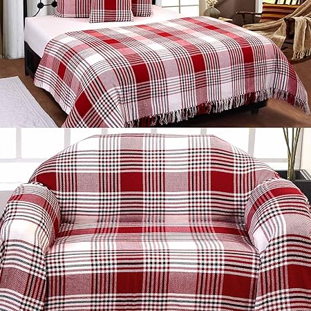 Homescapes Klassischer Sofaüberwurf XXL Plaid rot creme Tartan Schottenmuster 255 x 360 cm handgewobene Überwurfdecke Tagesde