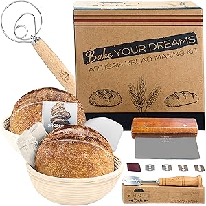 Shori Bake Banneton Bread Proofing Basket Set of 2 Round 9 Inch + Sourdough Bread Making Tools Kit, Baking Gifts for Bakers, Brotform Liner, Bread Lame, Dough Scraper, Bowl Scraper, Danish Dough Whisk