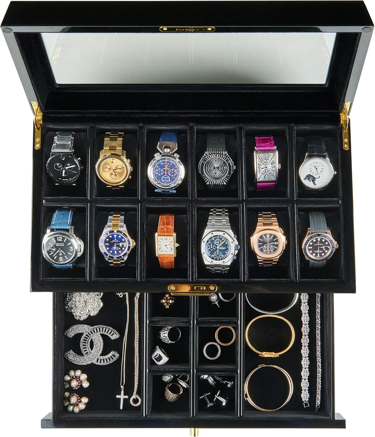 HAWK & GABLE Pearson Valet Watch Display Case with Jewelry and Accessories Valet | Premium Jewelry and Watch Box with Drawer, Glass Lid, and Lock | Black Piano Finish: Home Improvement