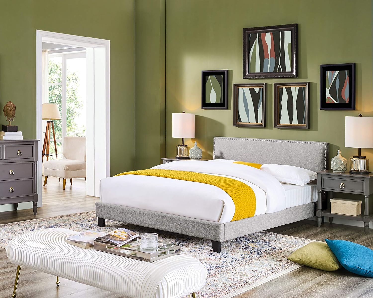 Oadeer Home Queen Upholstered Bed Dunkelberger Linen-Like Panel Bedframe with Studs, Light Grey