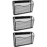 EASEPRES 3 Single Pocket Mesh Hanging File Organizer, Vertical Wall Mounted Magazine File Holder, Mount Basket Mail Paper Document Folder Organizing for Office, Home and School, Black