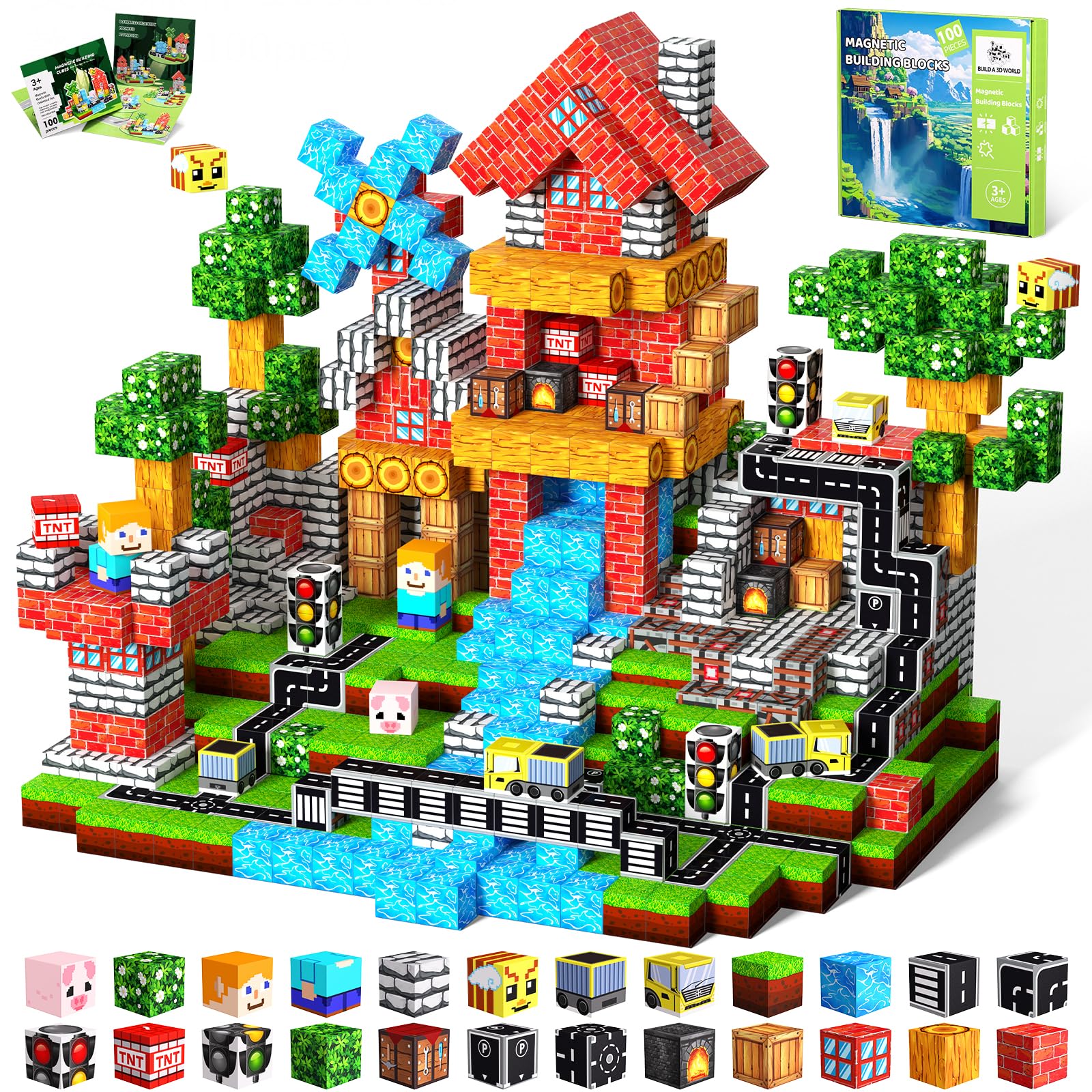 SSAWER Magnetic Blocks, 100PCS Magnetic Building Blocks, Stacking Magnets for Kids, STEM Constructions Magnet Blocks for Boys Girls Age 3+, Christmas Birthday Gifts(Forest Traffic) — image 1