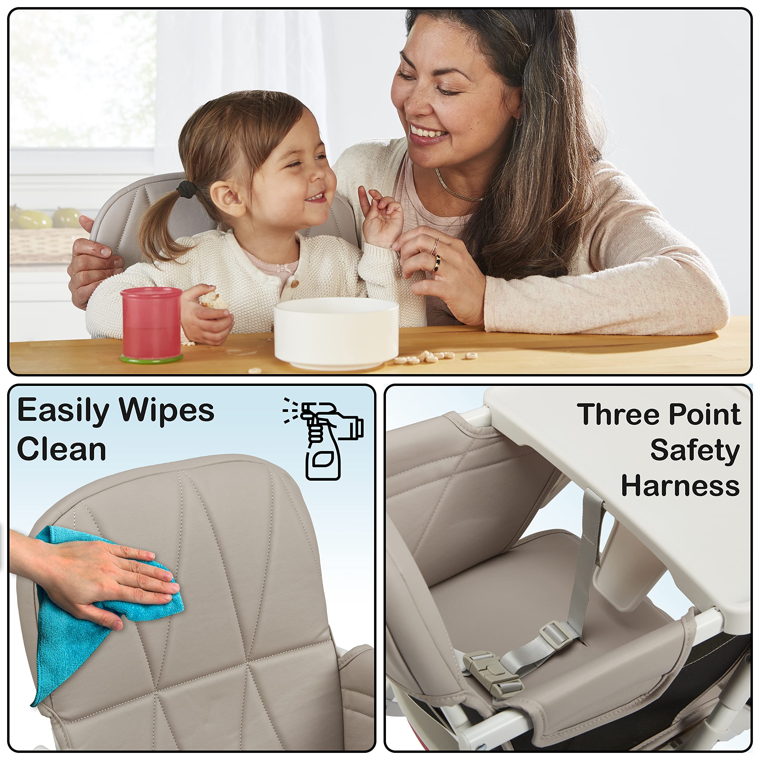 Primo PopUp Folding High Chair for Baby Age 6 to 36 Months - Taupe Folding Beach Style High Chair with Removable Dishwasher Safe Tray, 3pt Safety Harness, Leatherette Seat - Space Saving Design
