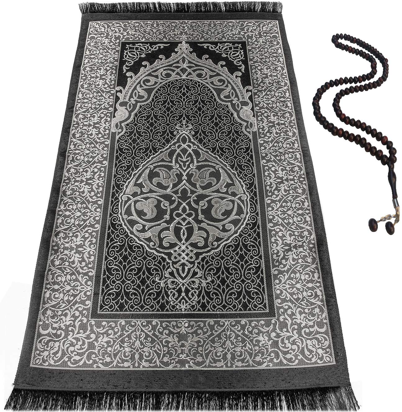 BAYKUL Muslim Prayer Rug, Islamic Turkish Prayer Rugs, Great Ramadan Gifts, Prayer Mat for Women and Men,Islam Carpet,Portable Muslims Mats,Praying Rugs Islam with Beads-Gift Prayer Beads 99 (Grey) โ image 1
