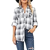 Oyamiki Womens Casual Cuffed Long Sleeve Boyfriend Button Down Plaid Flannel Shirt Tops