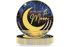 LANKBACK 50Pcs We are Over the Moon Paper Plates Moon and Stars Baby Shower Decorations Twinkle Twinkle Little Star Gender Re