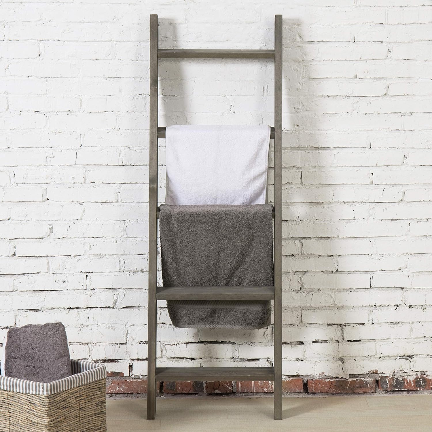 MyGift 4.5 ft Wall Leaning Ladder-Style Vintage Grey Wood Blanket Rack: Home & Kitchen